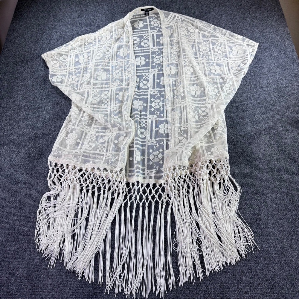 Torrid Kimono Womens 1/2 White Lace Embroidered Fringe Boho Festival Coverup